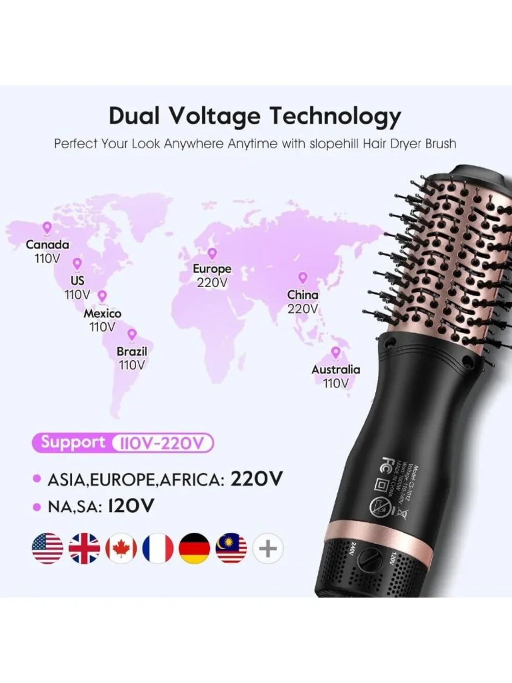 Compact Dual Voltage Hot Air Brush - 1000W Ionic Hair Dryer & Styler for Travel